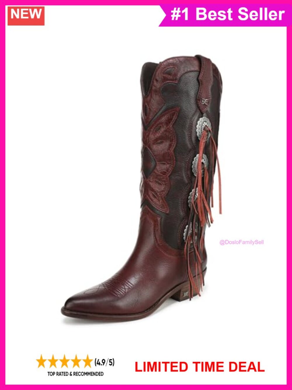 Western Fringe Leather Cowboy Boots Pointed Toe Mid-Calf Pull-On